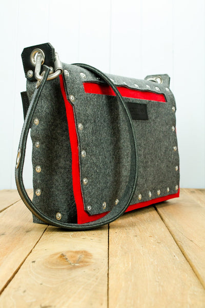 Felt satchel bag with rivet pocket and leather Felt